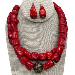 Studio Barse Chunky Red Coral and Bronze 2-Strand Necklace 16" & Earrings